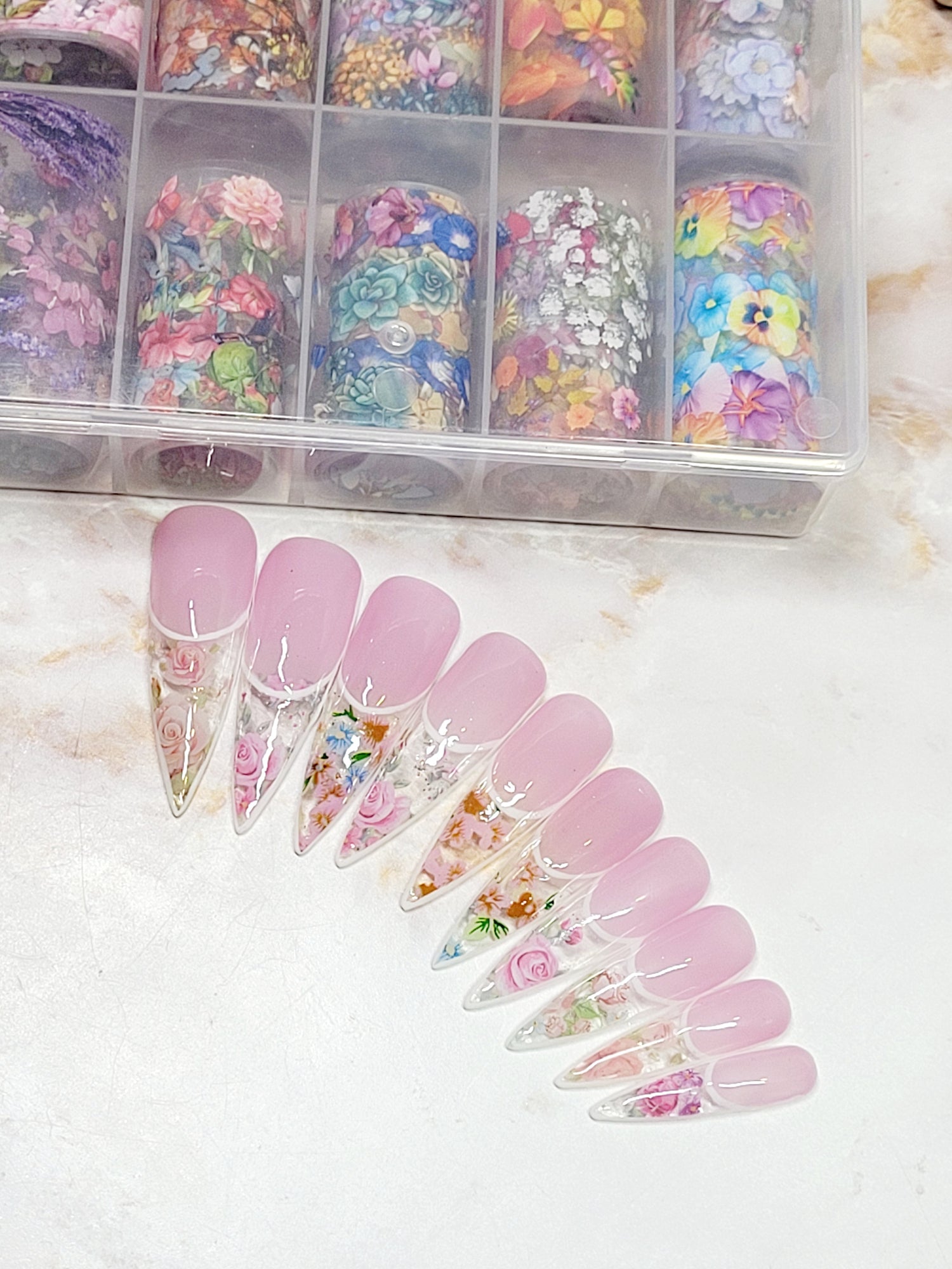 XL Stilettos Pink Custom Press-Ons with Flower Foils 20-24 pieces