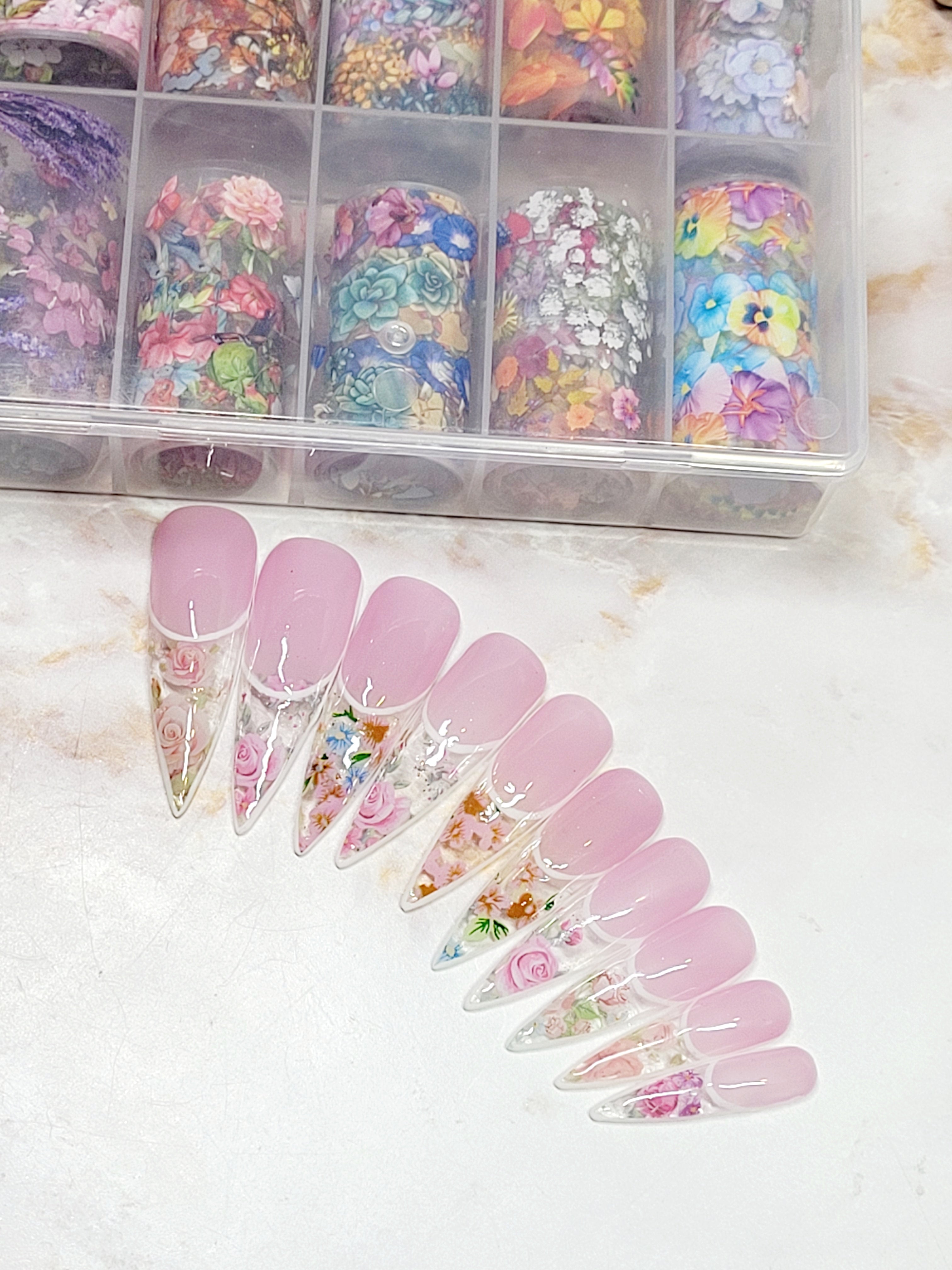 XL Stilettos Pink Custom Press-Ons with Flower Foils 20-24 pieces