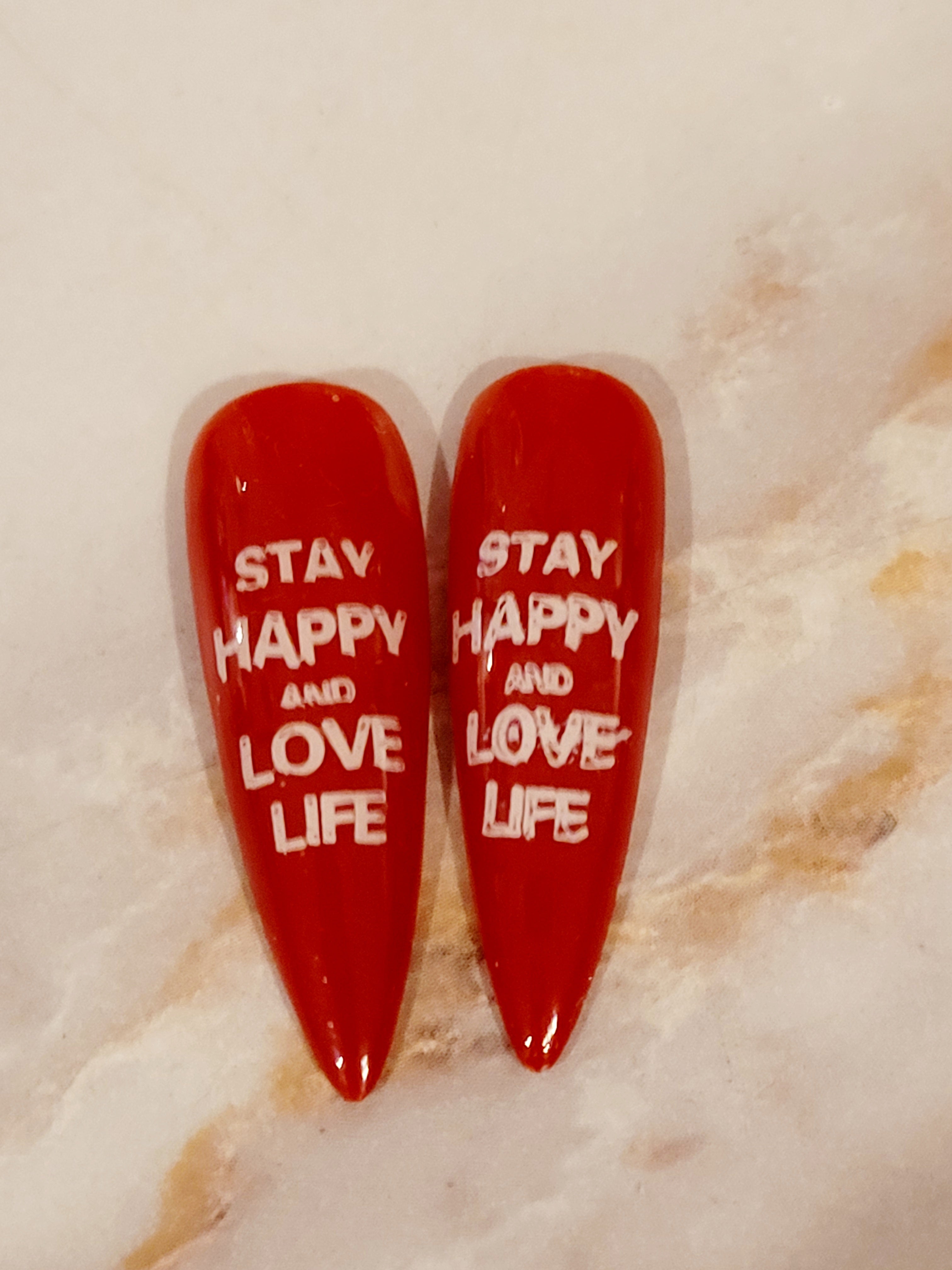 Long Almond Red Custom Press-Ons with White Foils 20-24 pieces