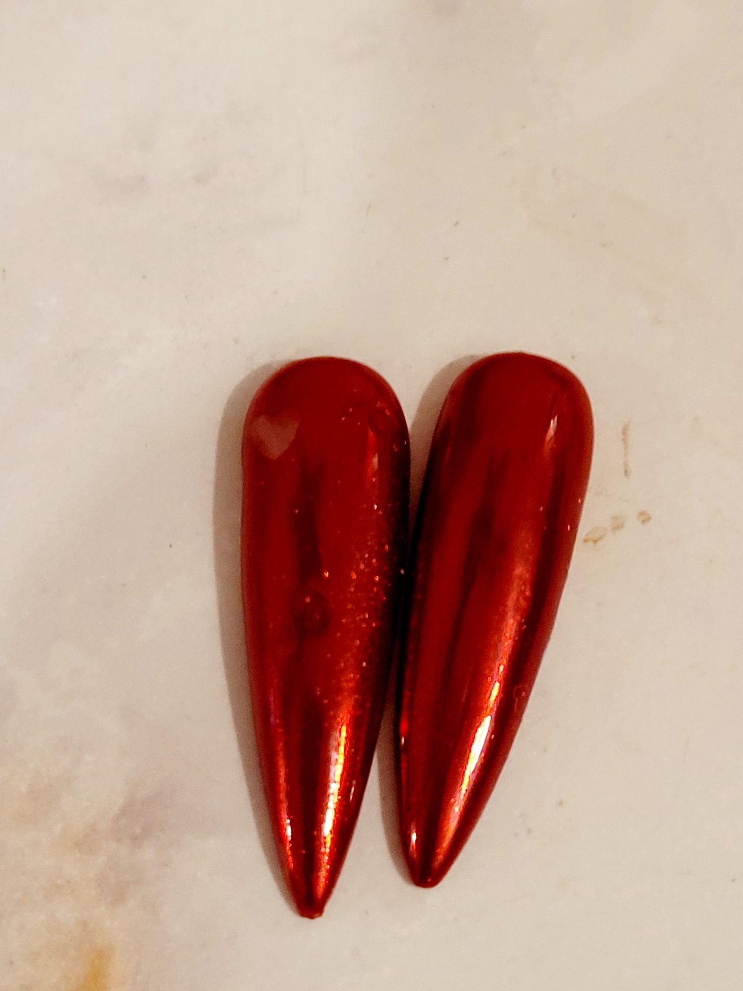 Long Almond Red Custom Press-Ons with White Foils 20-24 pieces