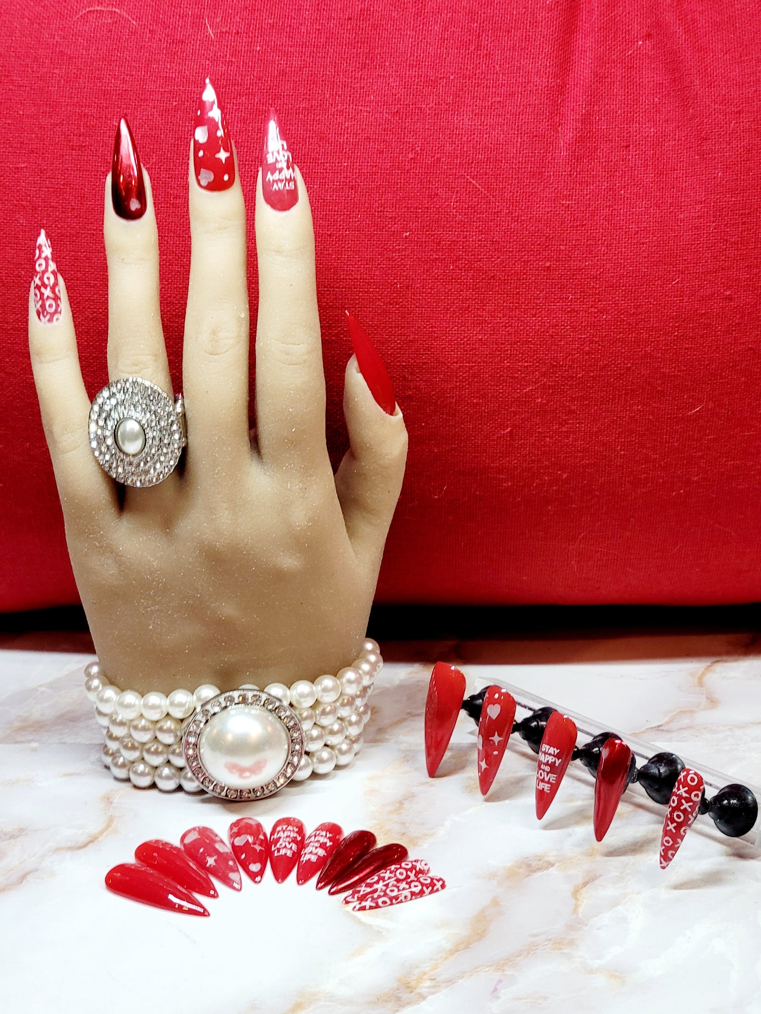 Long Almond Red Custom Press-Ons with White Foils 20-24 pieces