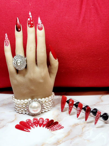 Long Almond Red Custom Press-Ons with White Foils 20-24 pieces