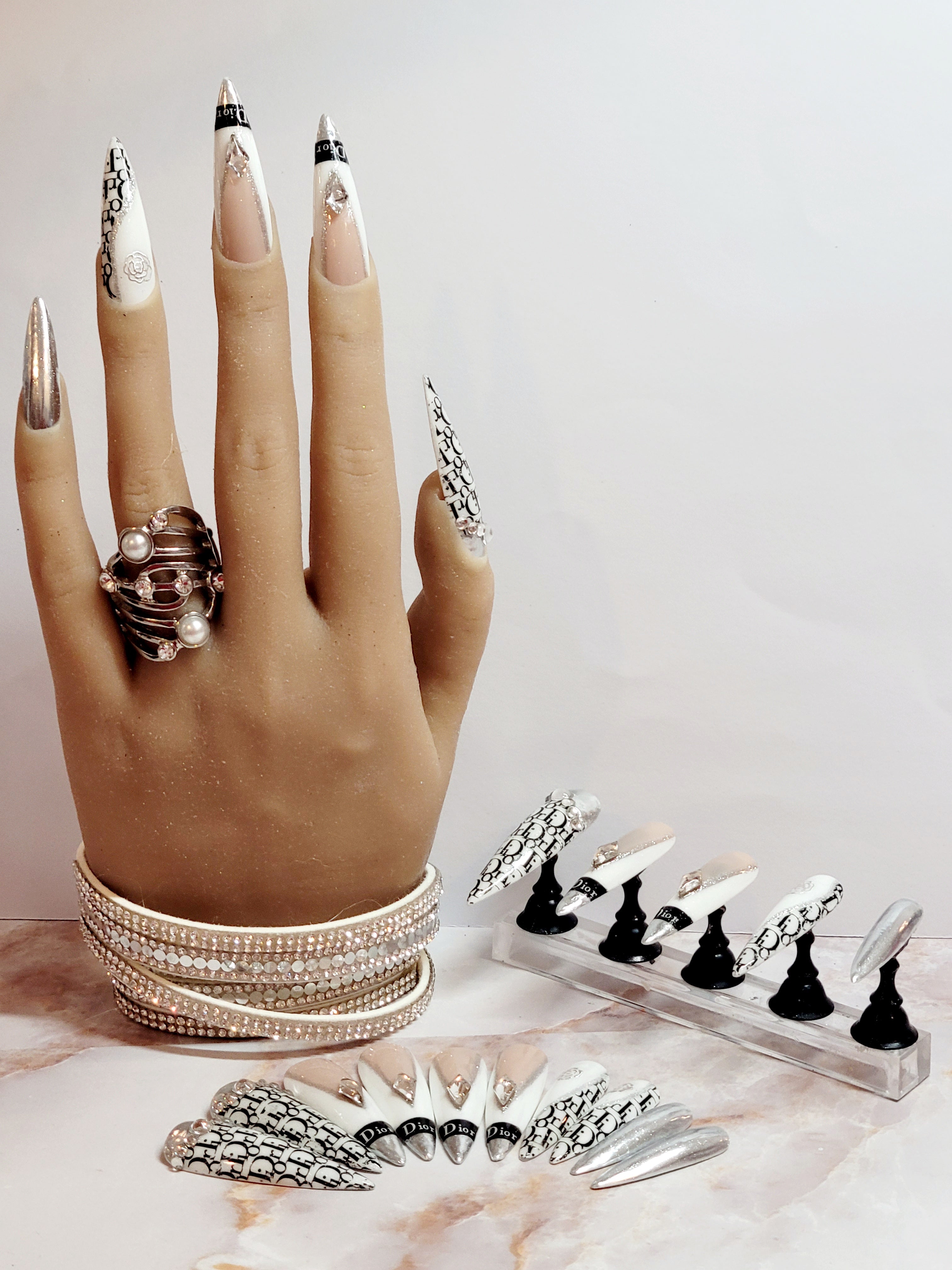 XXL Stilettos Logo Decals Custom Press-Ons with Foils and Rhinestones 20-24 pieces