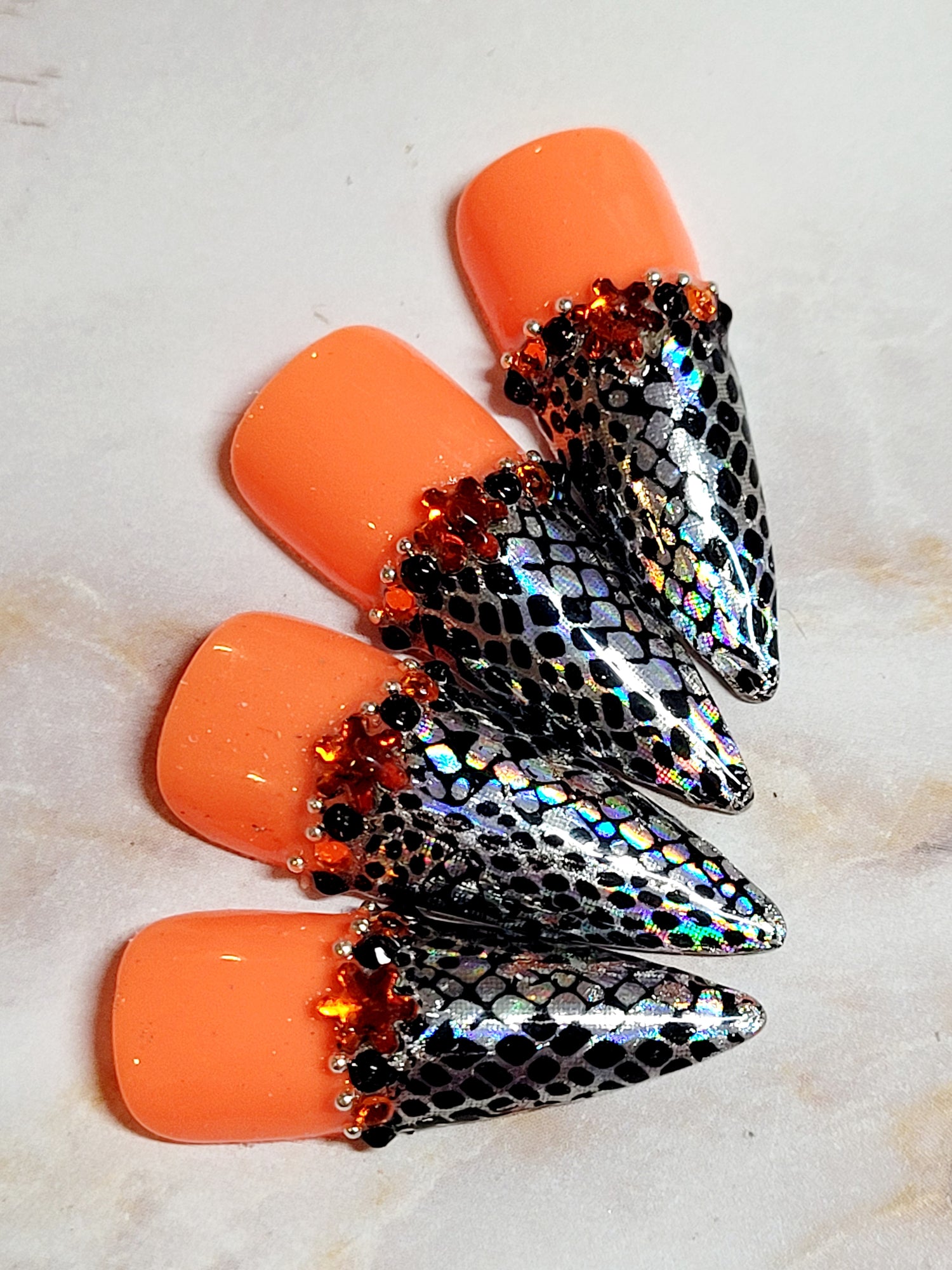 Long Neon Orange Custom Press-Ons with Rhinestones and Foils