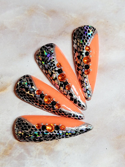 Long Neon Orange Custom Press-Ons with Rhinestones and Foils