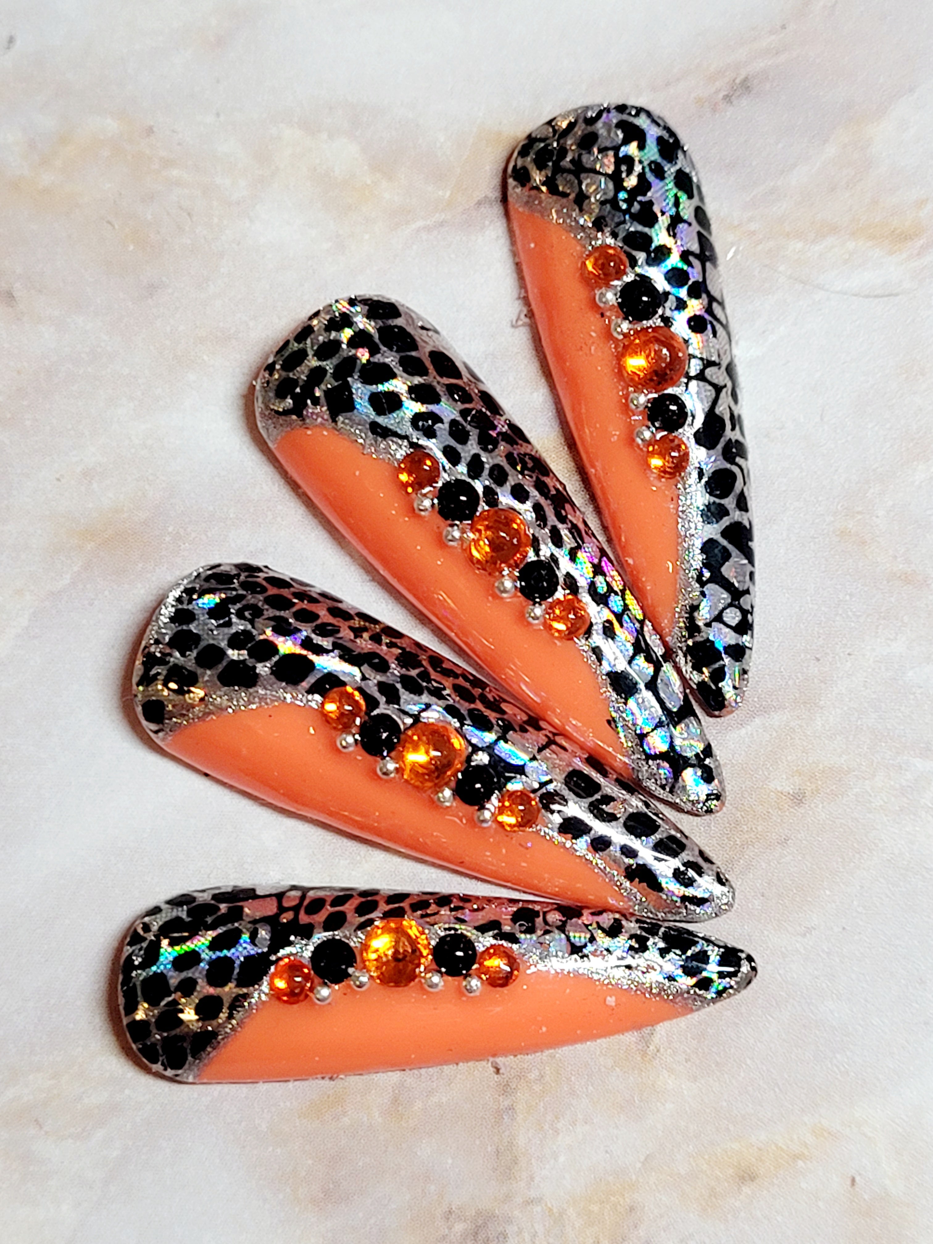 Long Neon Orange Custom Press-Ons with Rhinestones and Foils