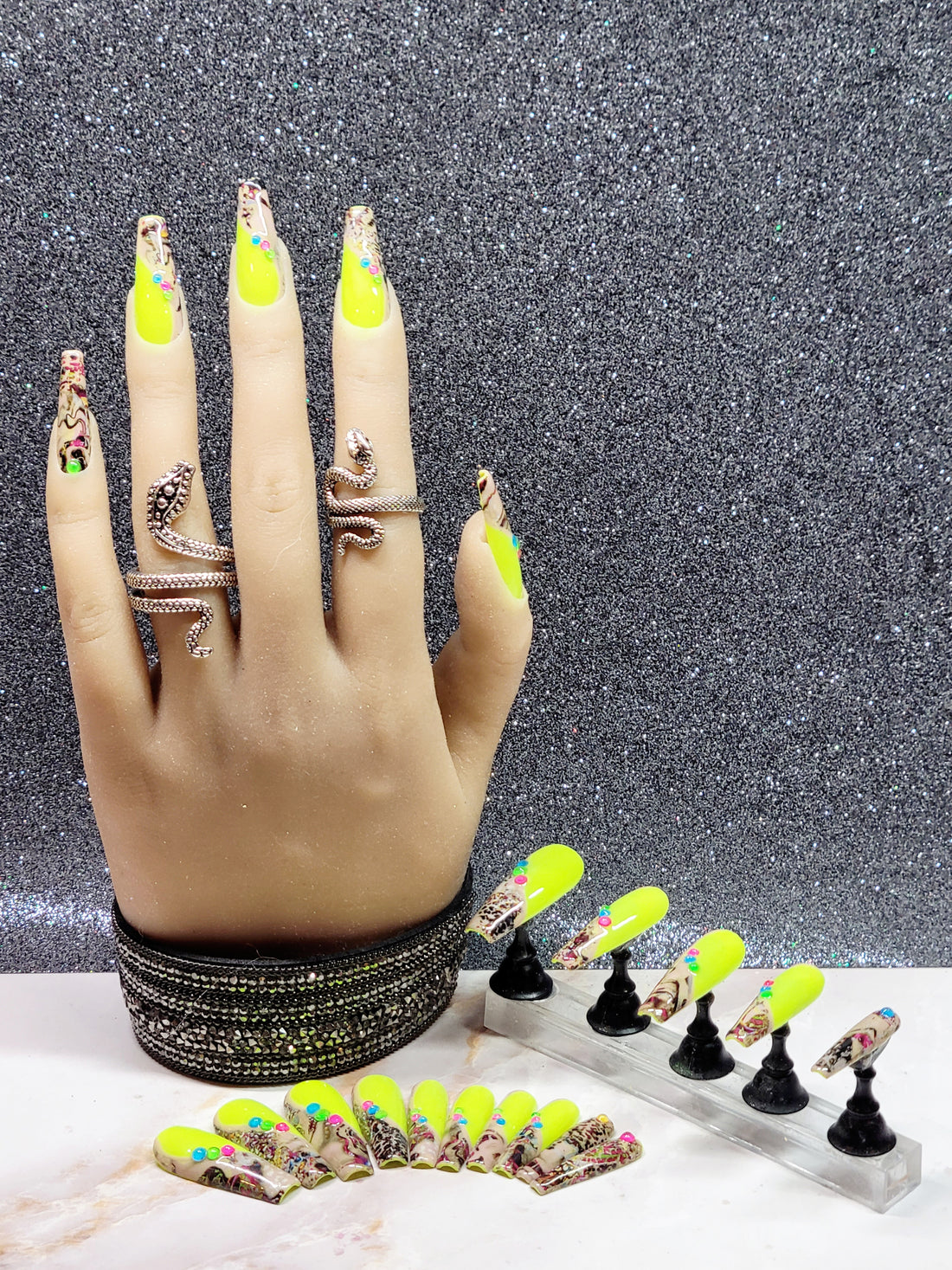 Long Neon Yellow Custom Press-Ons with Foil and Rhinestones 20-24 pieces