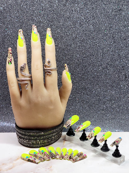 Long Neon Yellow Custom Press-Ons with Foil and Rhinestones 20-24 pieces