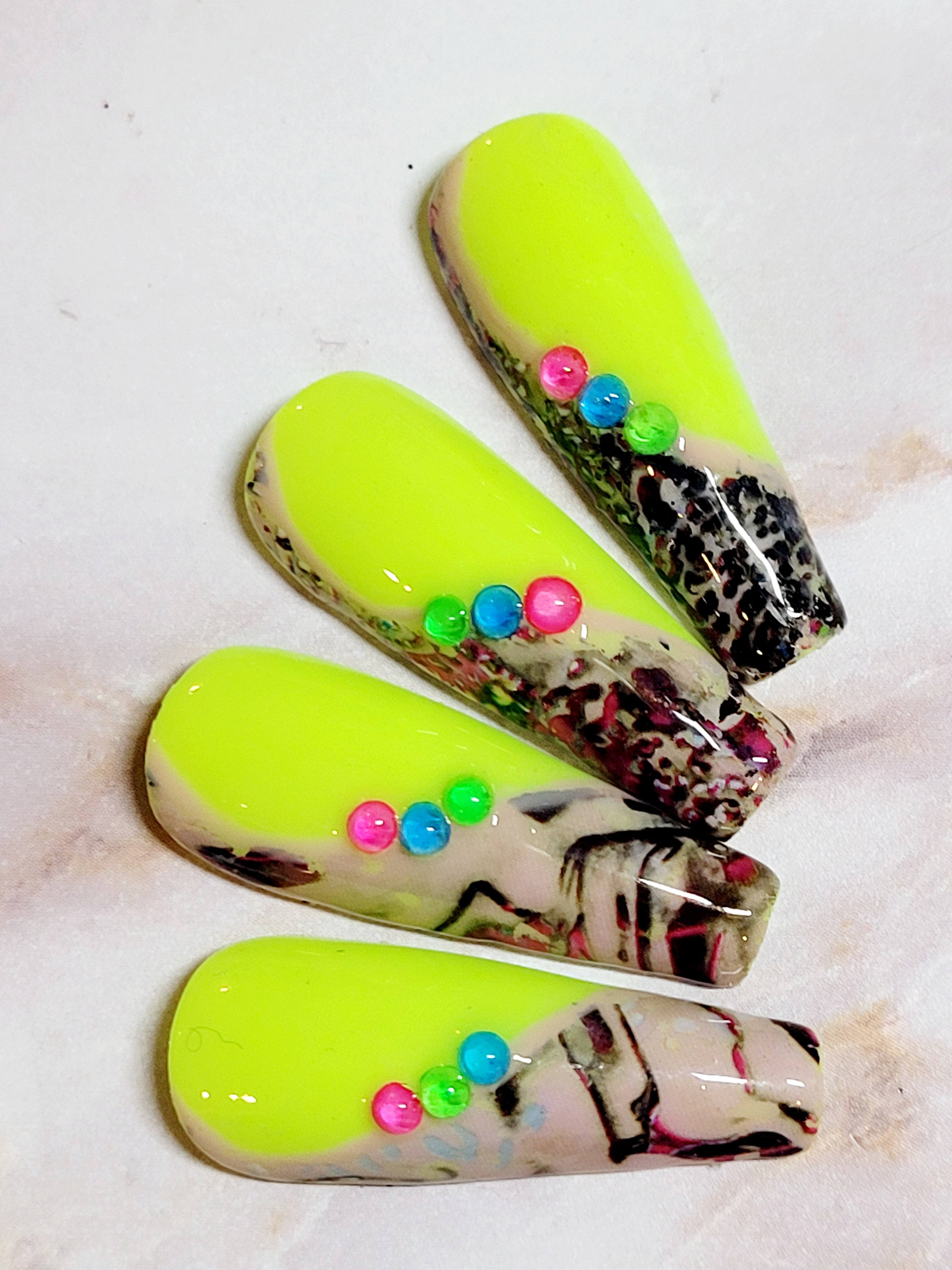 Long Neon Yellow Custom Press-Ons with Foil and Rhinestones 20-24 pieces