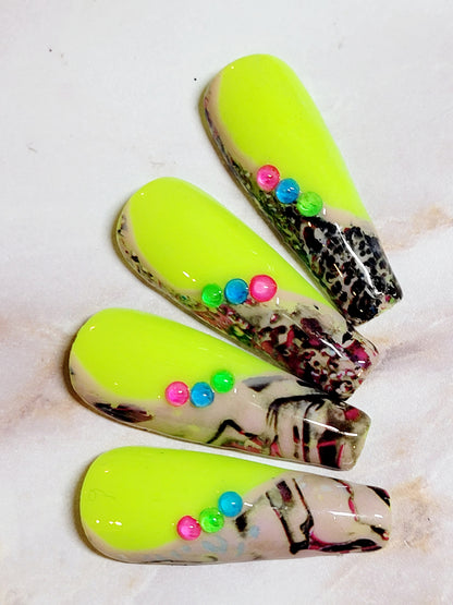 Long Neon Yellow Custom Press-Ons with Foil and Rhinestones 20-24 pieces