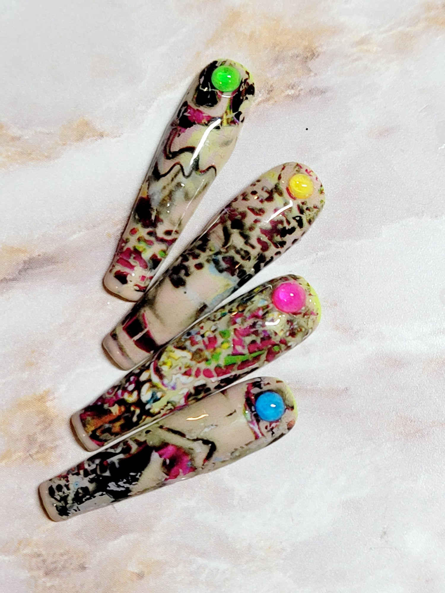 Long Neon Yellow Custom Press-Ons with Foil and Rhinestones 20-24 pieces