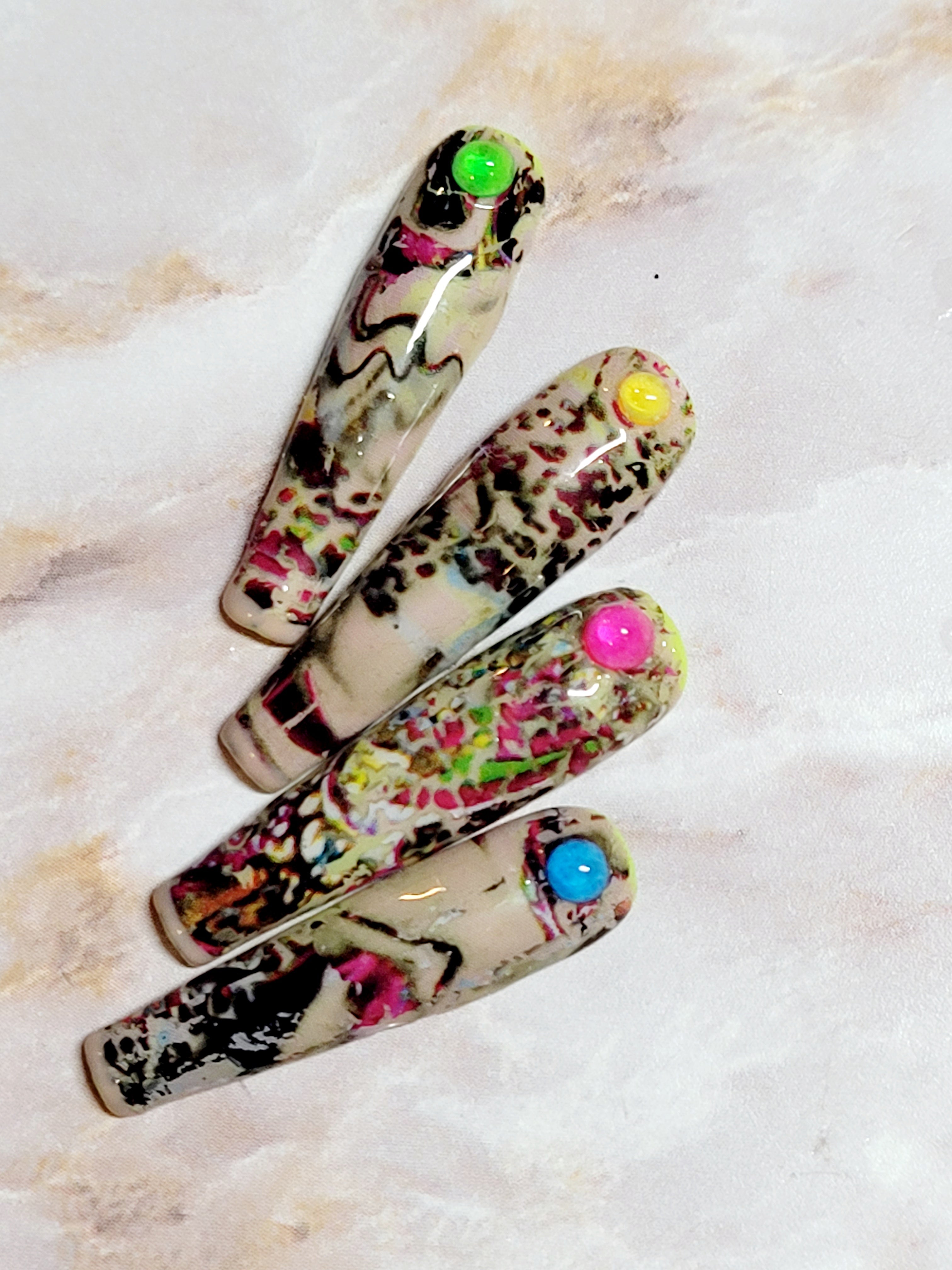 Long Neon Yellow Custom Press-Ons with Foil and Rhinestones 20-24 pieces