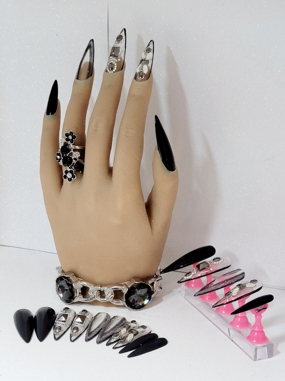 XXL Stilettos Clear Custom Press-Ons with Luxury Rhinestones in Stackable Box 20-24 pieces