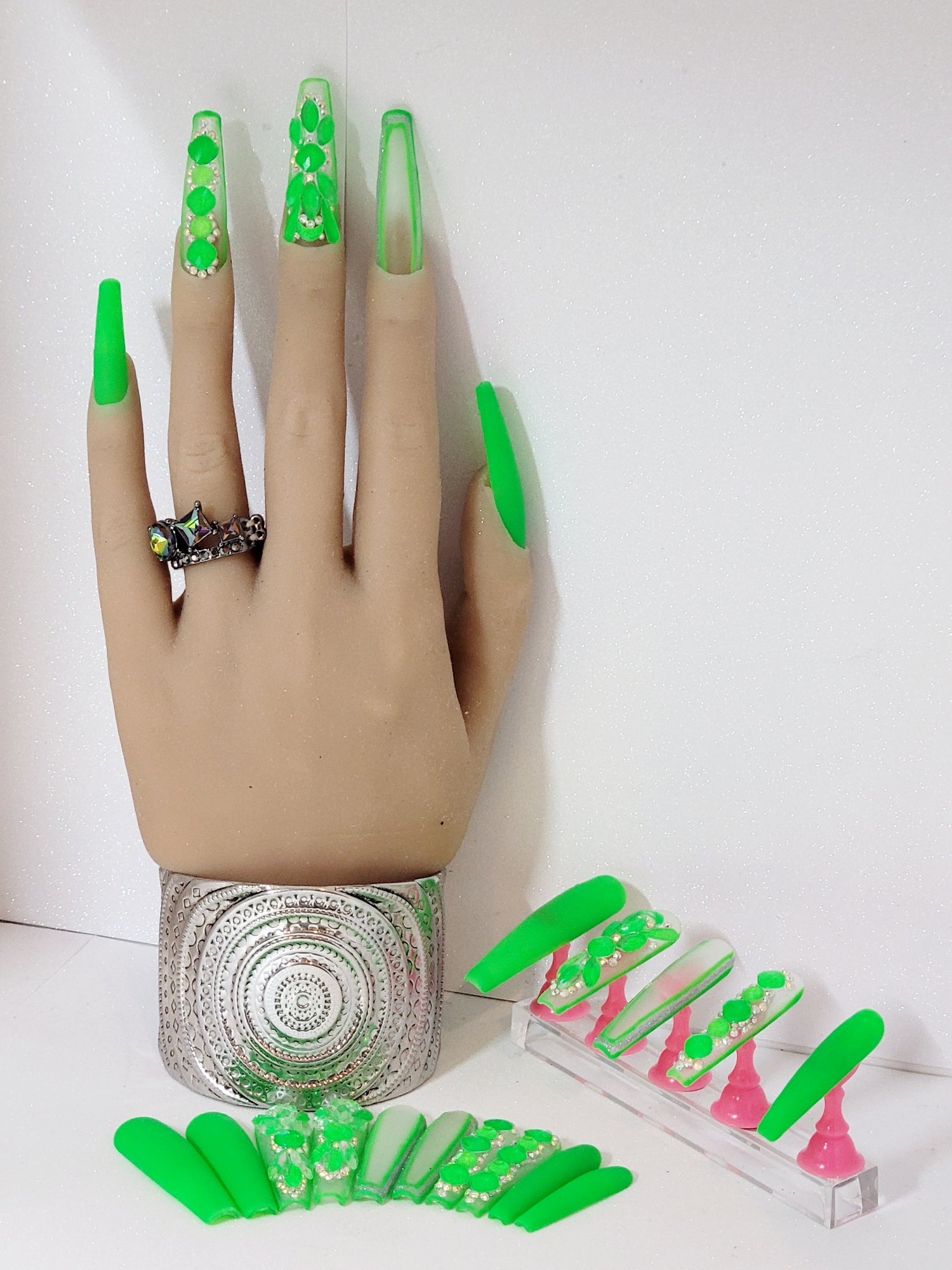 XXL Stilettos Clear Custom Press-Ons with Luxury Rhinestones in Stackable Box 20-24 pieces