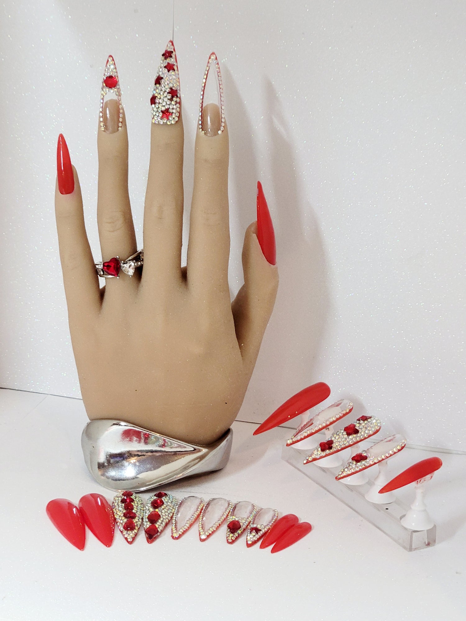 XXL Stilettos Clear Custom Press-Ons with Luxury Rhinestones in Stackable Box 20-24 pieces