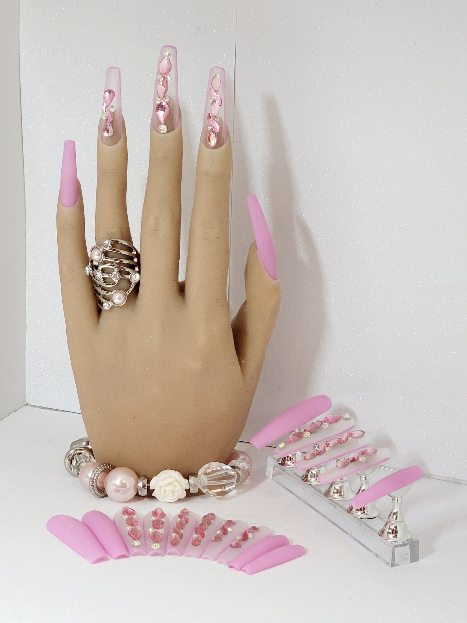 XXL Stilettos Clear Custom Press-Ons with Luxury Rhinestones in Stackable Box 20-24 pieces