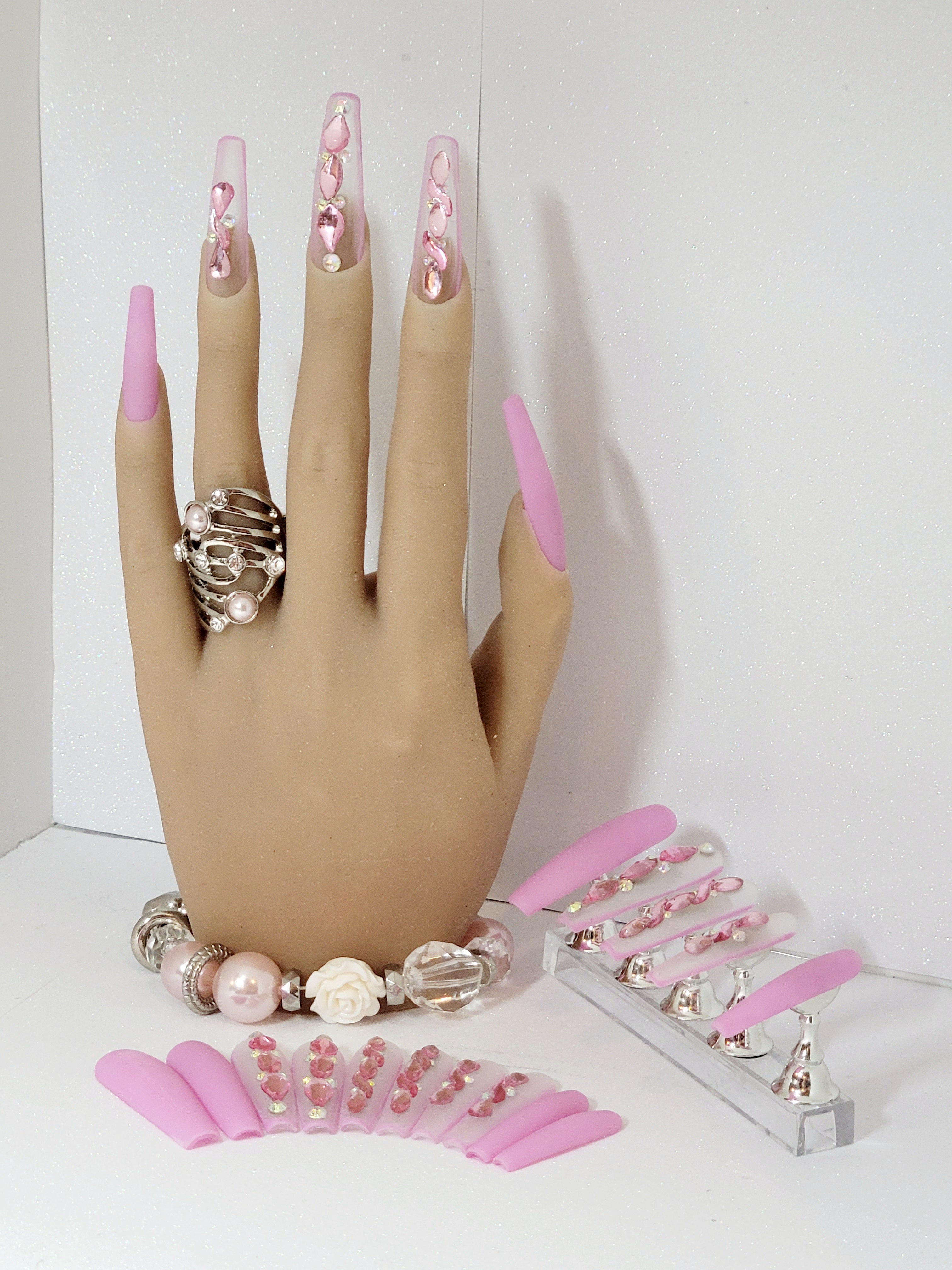 XXL Stilettos Clear Custom Press-Ons with Luxury Rhinestones in Stackable Box 20-24 pieces