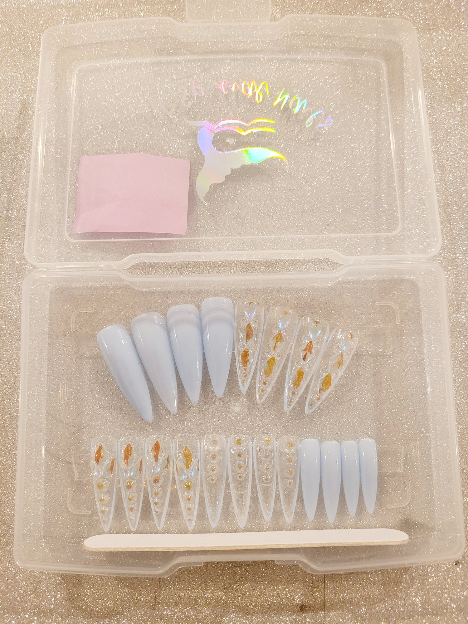 XXL Stilettos Clear Custom Press-Ons with Luxury Rhinestones in Stackable Box 20-24 pieces