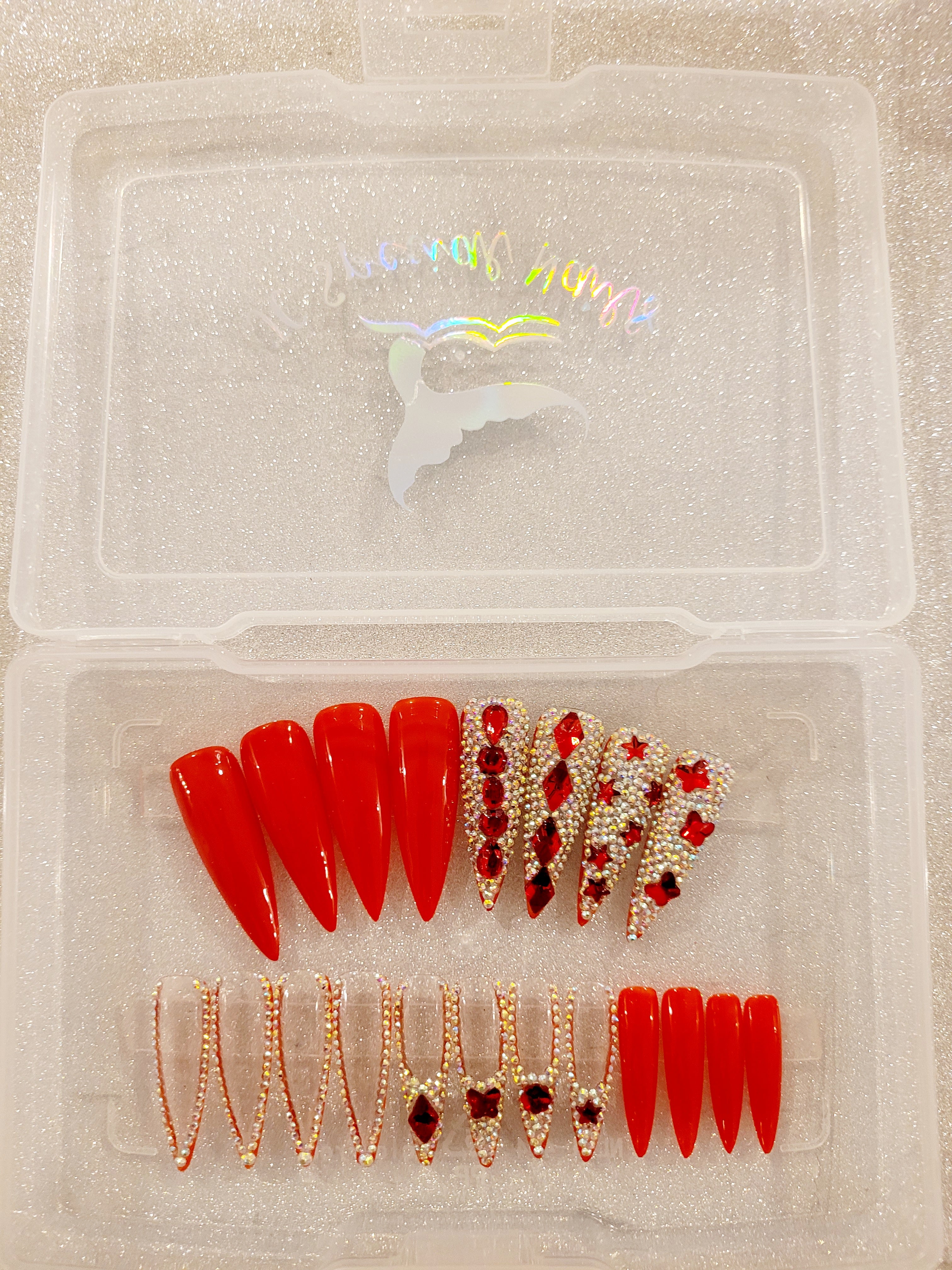 XXL Stilettos Clear Custom Press-Ons with Luxury Rhinestones in Stackable Box 20-24 pieces