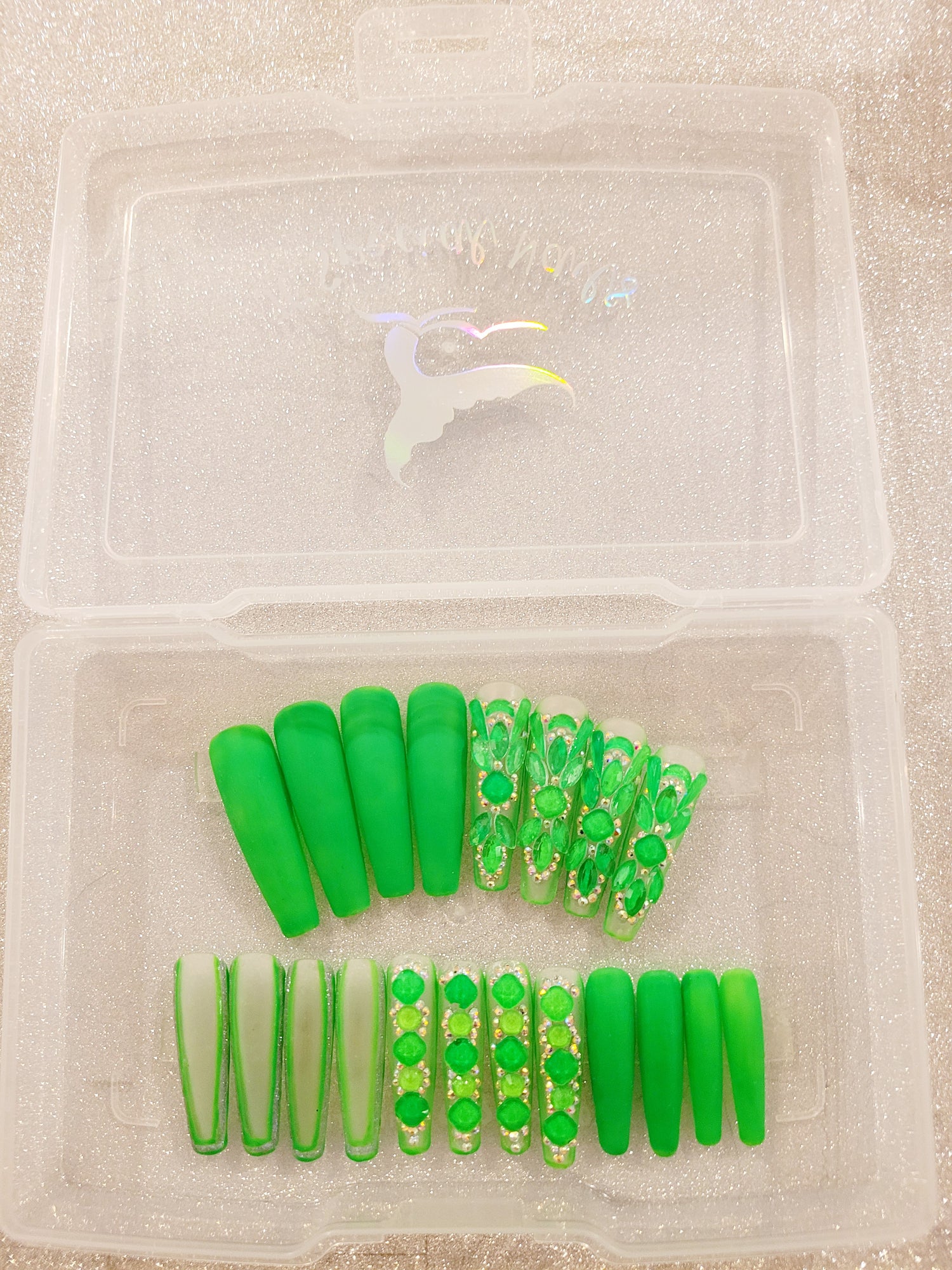 XXL Stilettos Clear Custom Press-Ons with Luxury Rhinestones in Stackable Box 20-24 pieces