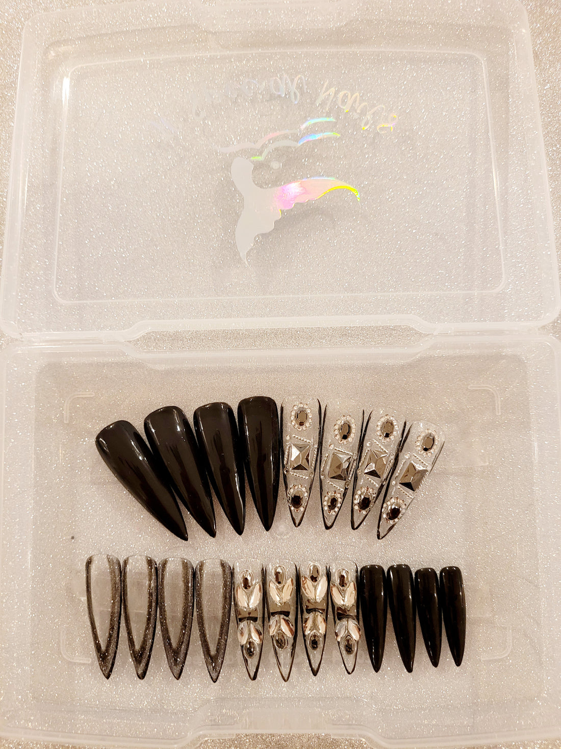 XXL Stilettos Clear Custom Press-Ons with Luxury Rhinestones in Stackable Box 20-24 pieces