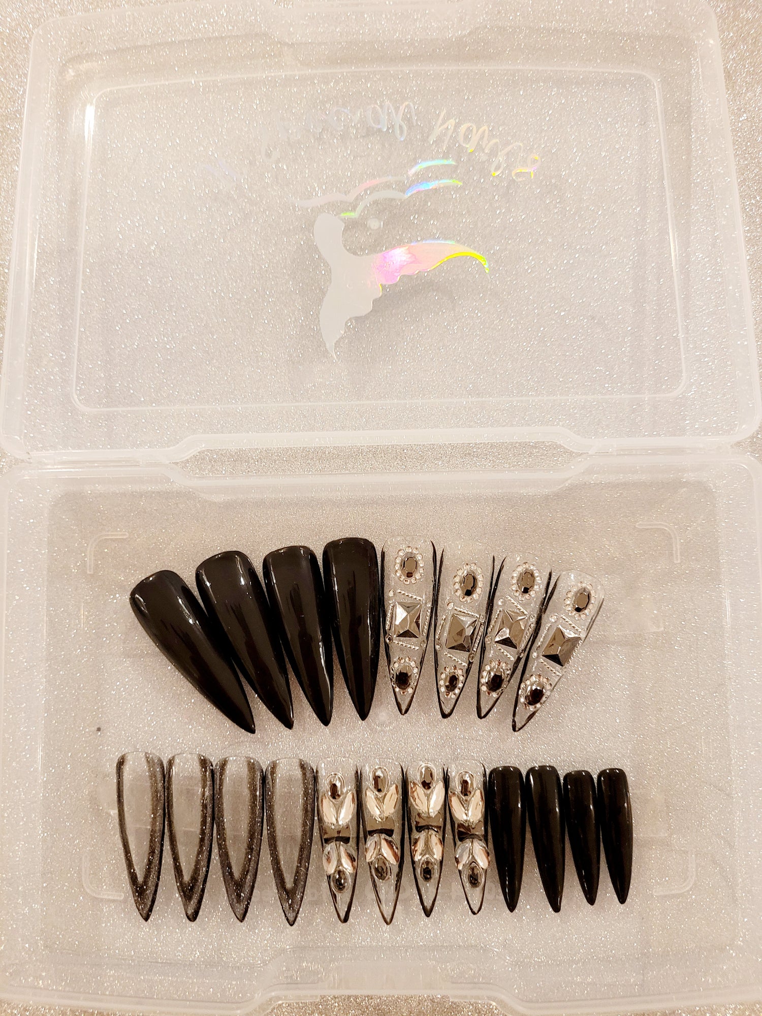XXL Stilettos Clear Custom Press-Ons with Luxury Rhinestones in Stackable Box 20-24 pieces