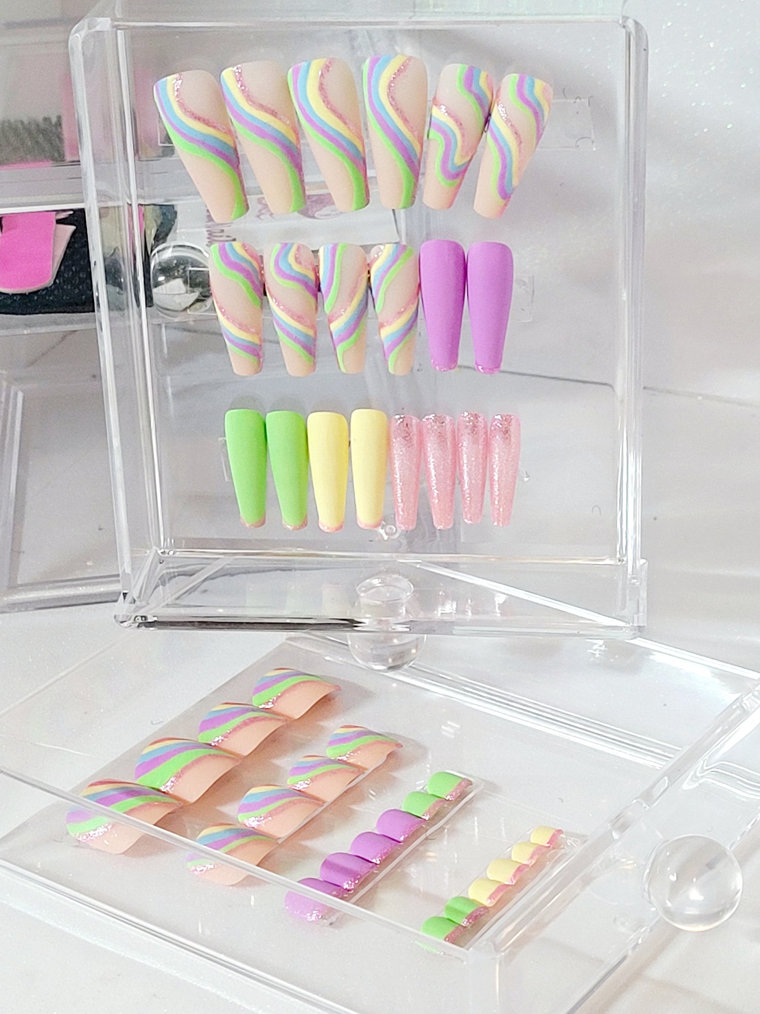 Long Coffin or Stiletto Nails and Toes Kit in a 3 Draw Box 20-40 pieces